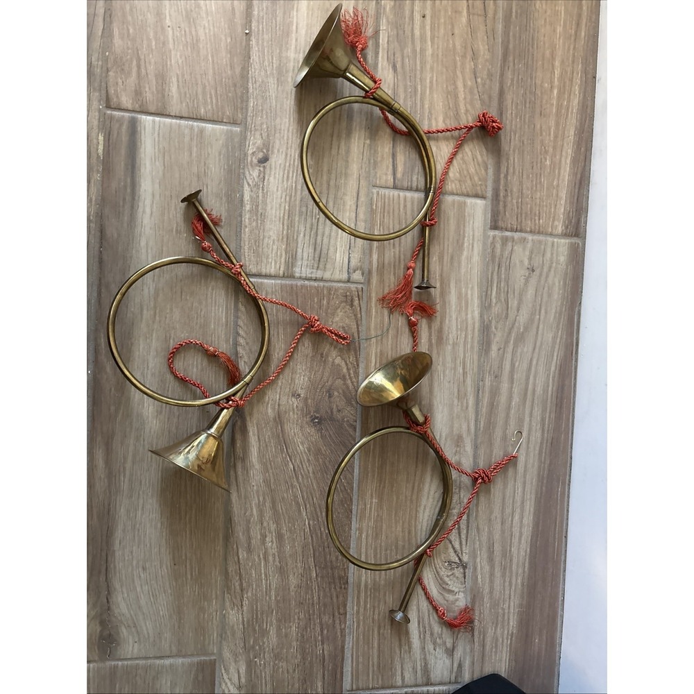 Lot Of 3 Vintage 13 Inch Decorative Brass Horns with Rope for Hanging